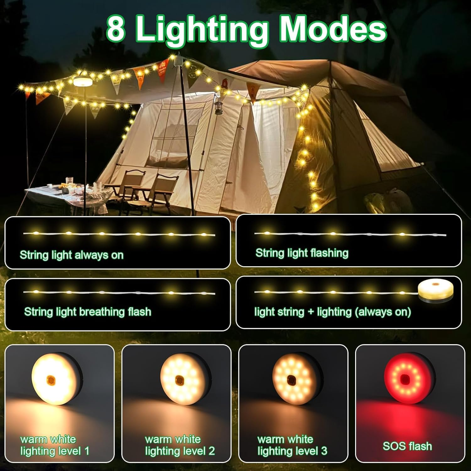 Solar Power Camping Lights String,Outdoor String Lights with 8 Modes Adjustable,Ip44 Portable Camping Lantern Emergency Light for Hiking,Tent,Yard (20 Meters Solar Power Warm Lights ) image number 1