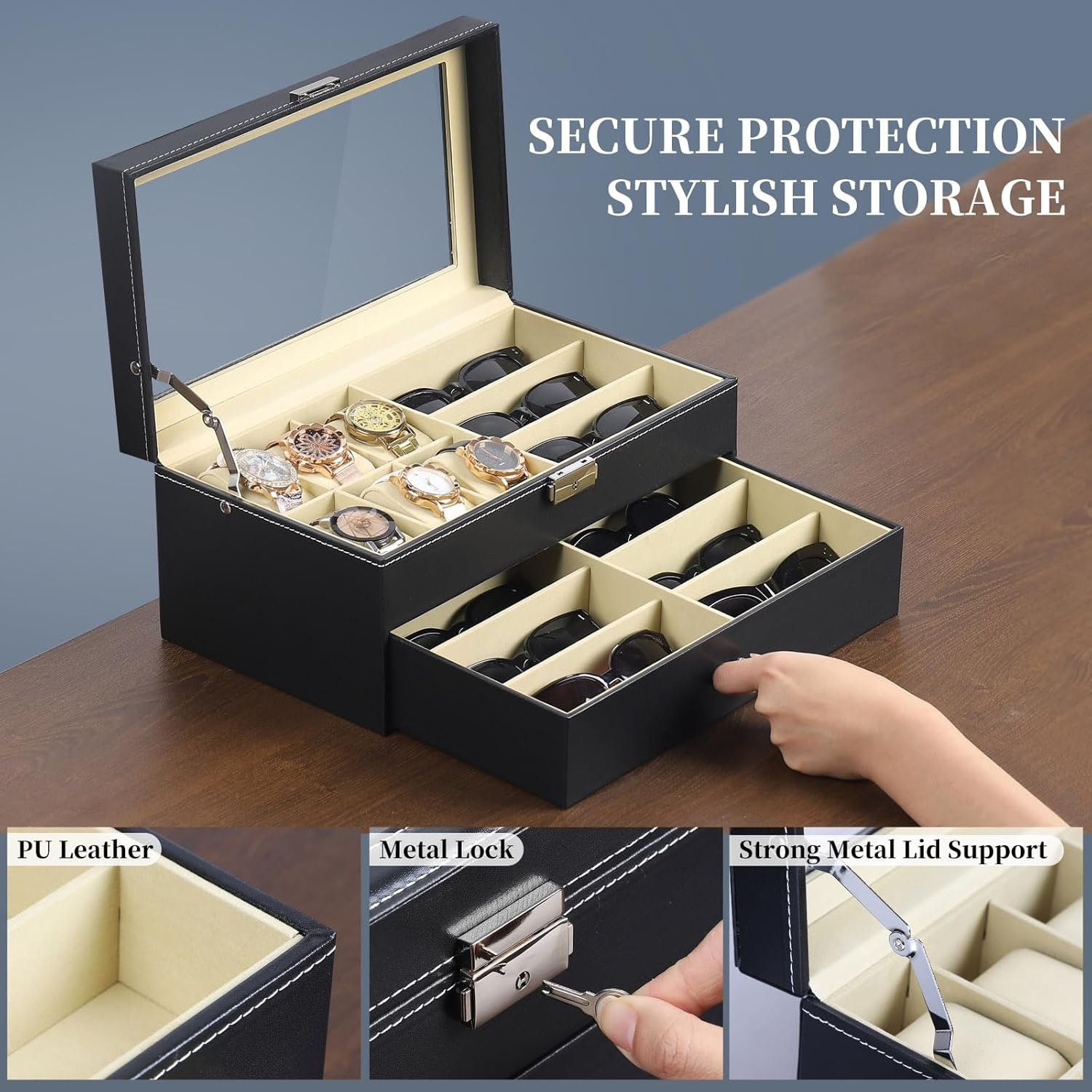AUTOARK Leather 6 Watch Box Jewelry Case and 9 Piece Eyeglasses Storage and Sunglass Glasses Display Drawer Lockable Case Organizer,Black,Aw-048 image number 6