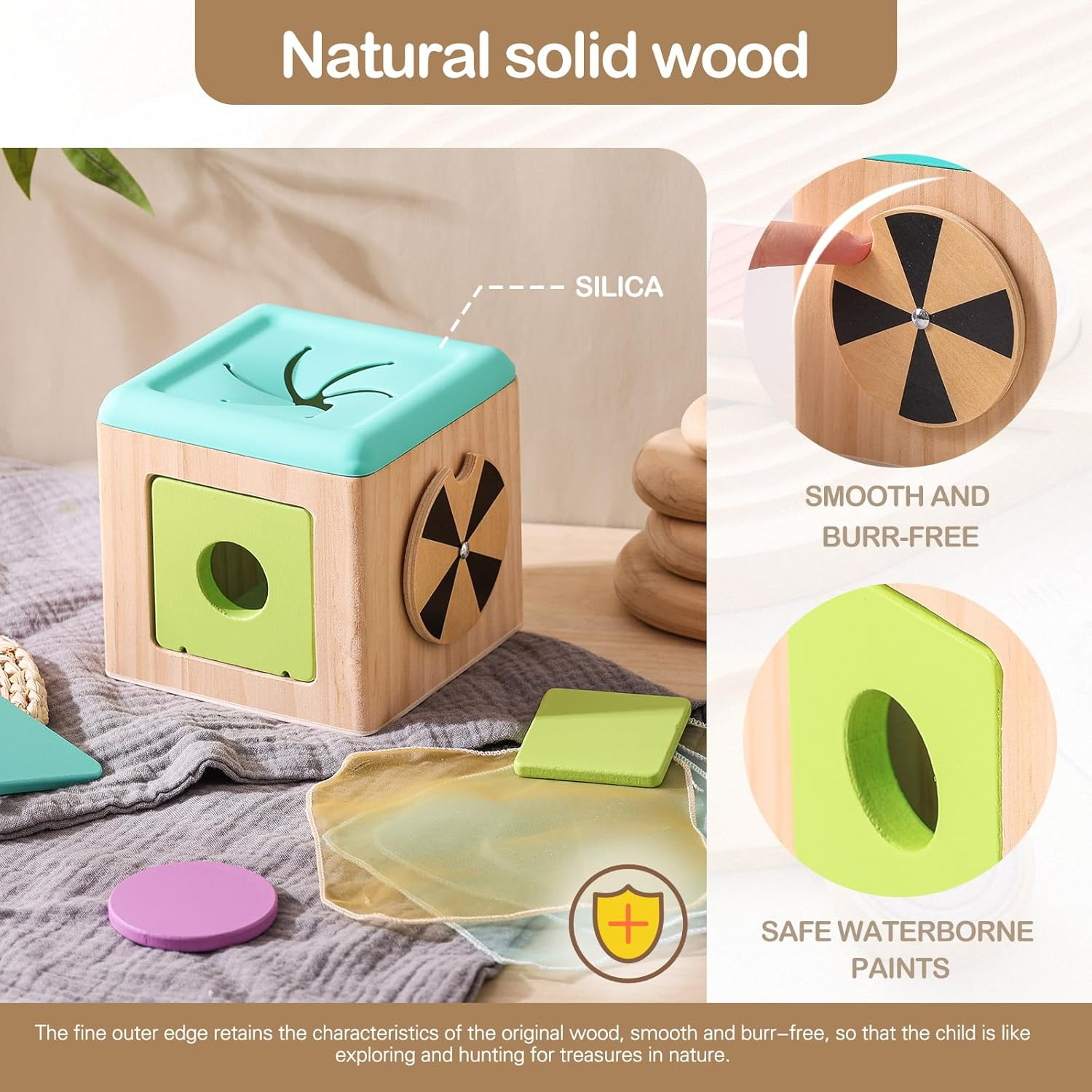 Promise Babe Wooden Baby Tissue Box Toy - Montessori Tissue Box Toy for Babies 12 Months with 3 Shape Blocks & 8 Silk Paper, Baby Boy Girl Gifts for Babies 12 18 Months Old Birthday Children Day