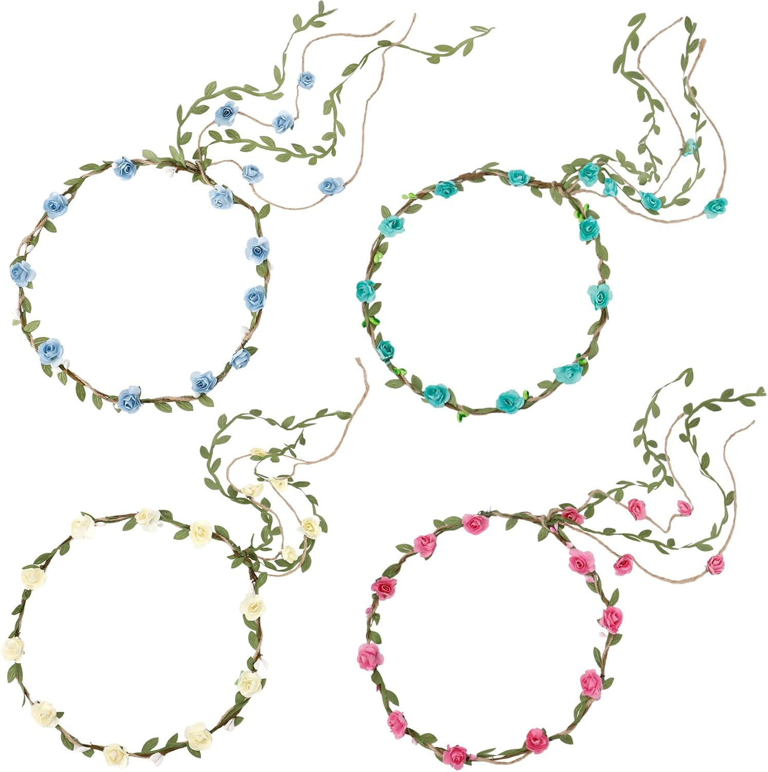 Flower Crown Headband, Festival Flower Headband, Floral Hair Wreath, Artificial Flowers, Female, Set of 4 image number 1
