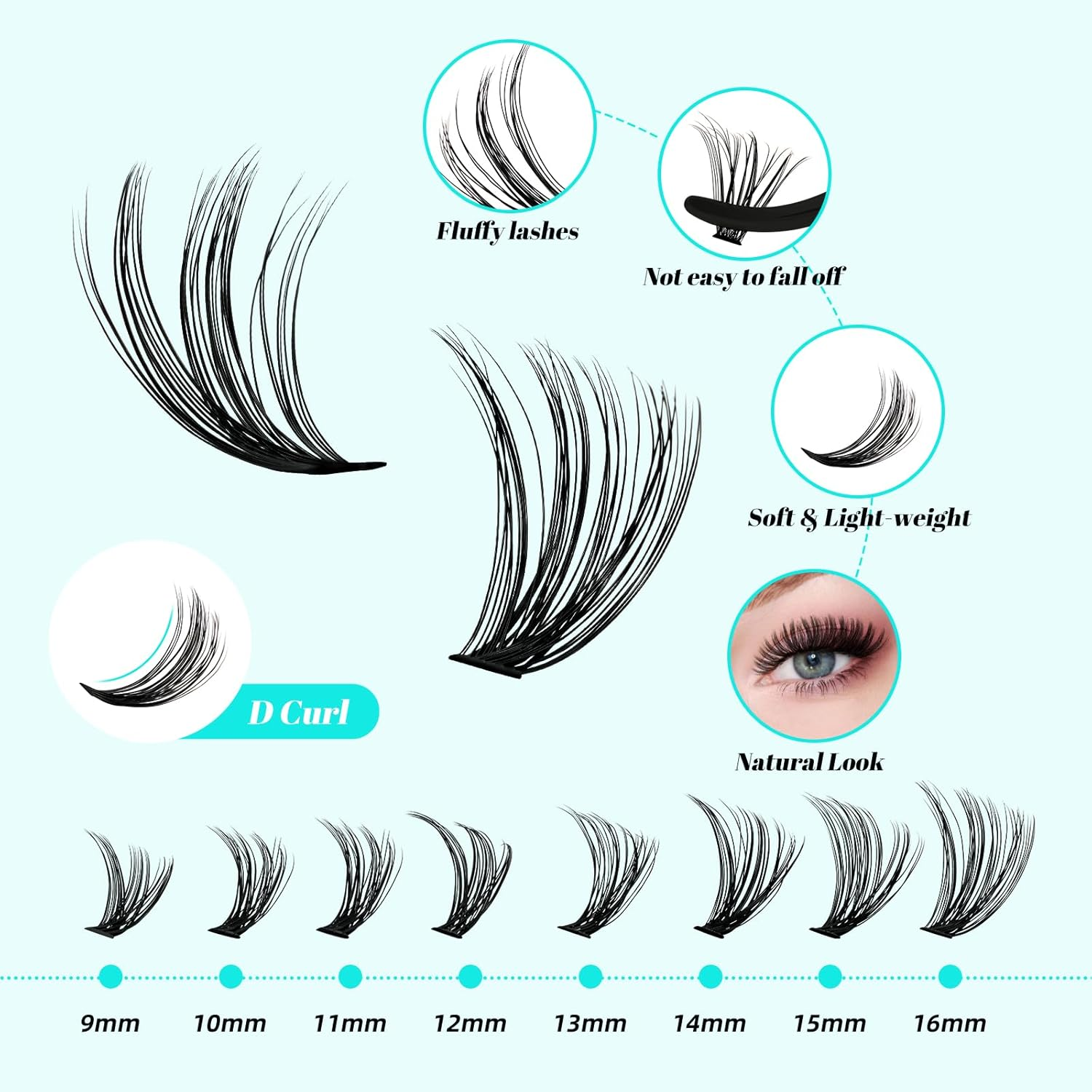 Lash Extension Kit 320Pcs,Diy Individual Lashes Clusters Kit,Lash Bond and Seal, Remover for Eyelashes Extensions, Applicator Tool for False Eyelash Cluster at Home(3040D,D-Mix9-16Mm) image number 5