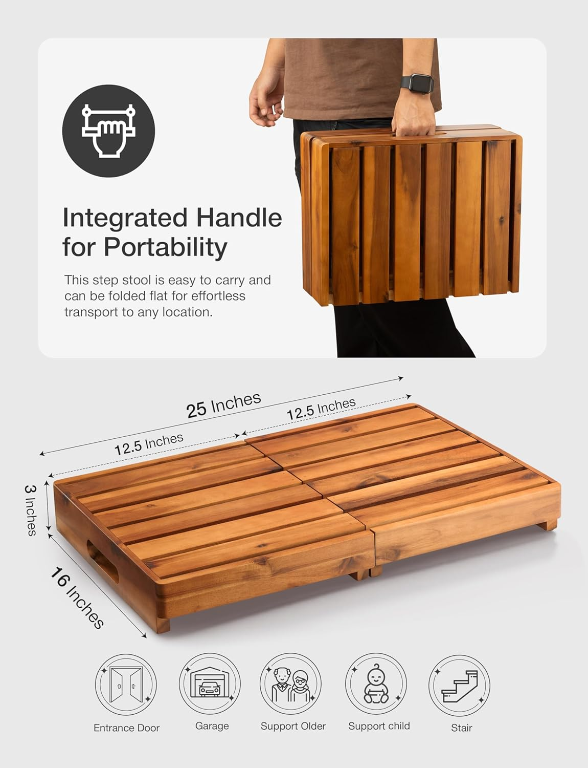 Holana 25In One Foldable Step Stool for Elderly - Acacia Wood High Riser Step Stool for Adults Kid - Wooden Mobility Stepping Stools 400 Lbs Load Capacity for Bathroom Aid Handicap, Bed,Kitchen,Garden image number 2