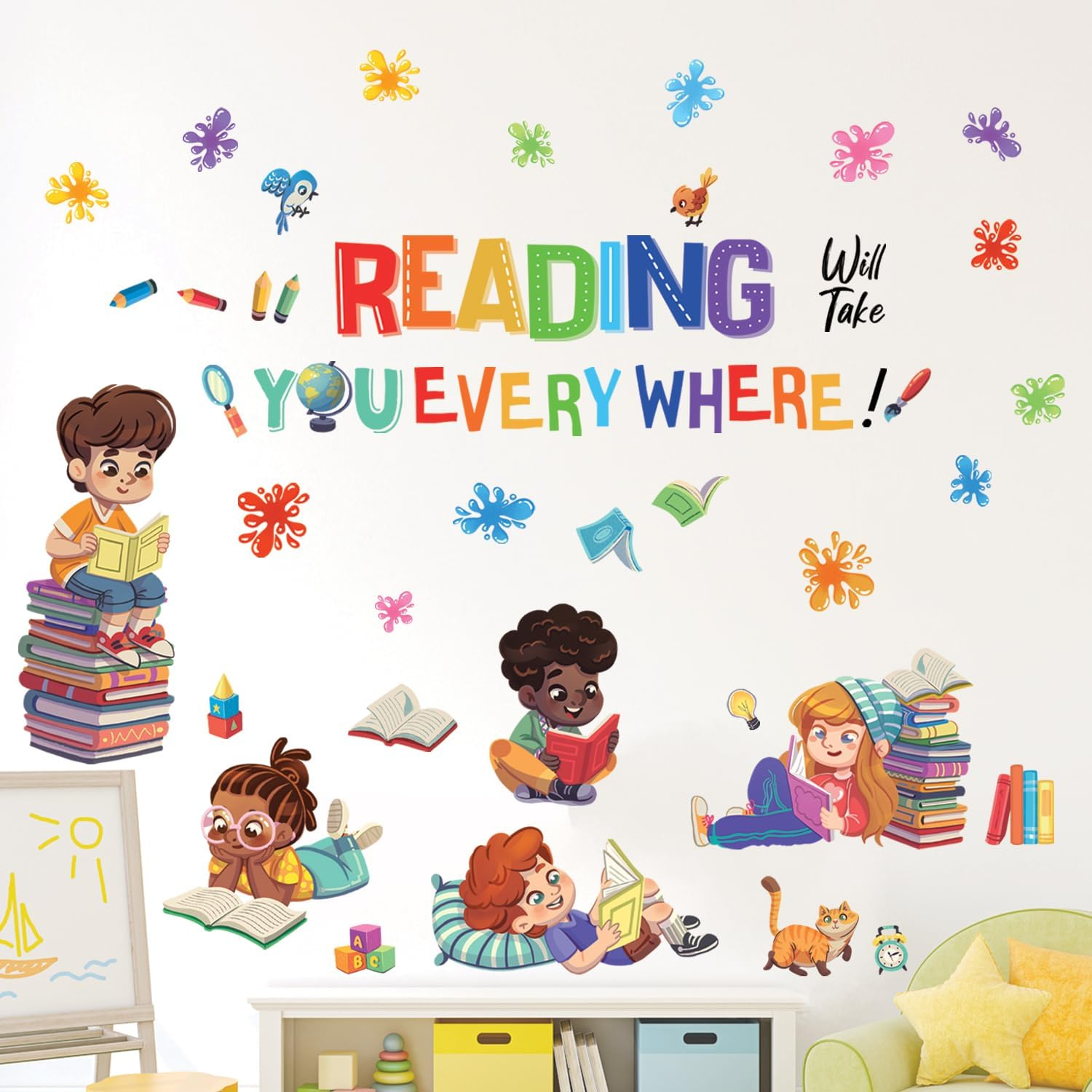 DECOWALL SG2-2404 Kids Reading Corner Wall Stickers Decals Reading Room ABC D&eacute;cor Classroom Playroom Library Nursery Peel and Stick Removable Baby Boys Girls Decorations School Inspirational image number 3