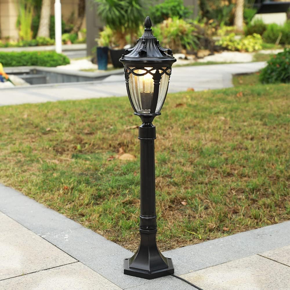 Retro Outdoor Post Light, 80Cm Garden Lamp, Black Metal with Glass Panels, E27 Base (B)