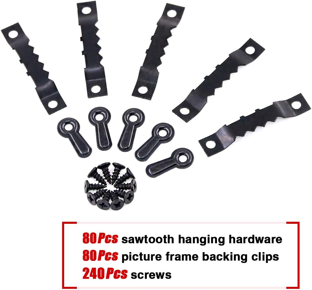 Swpeet 160Pcs Picture Hangers Kit Including 80Pcs Sawtooth Picture Frame Hanging Hangers Double Hole and 80Pcs Photo Frame Turn Button with Screws Perfect for Home Decoration - Black image number 5