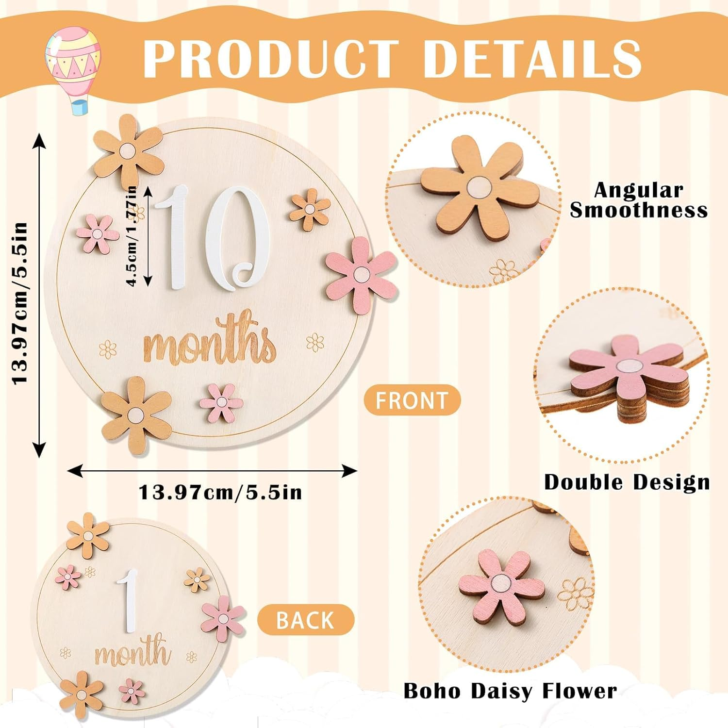 Baby Monthly Milestone Cards with 11 Interchangeable Number Set of 12 for Baby Growth Recording Daisy Wooden Bohemian Milestone Blocks Baby Months Signs Baby Boy Baby Girl Photo Props (Lovely) image number 4