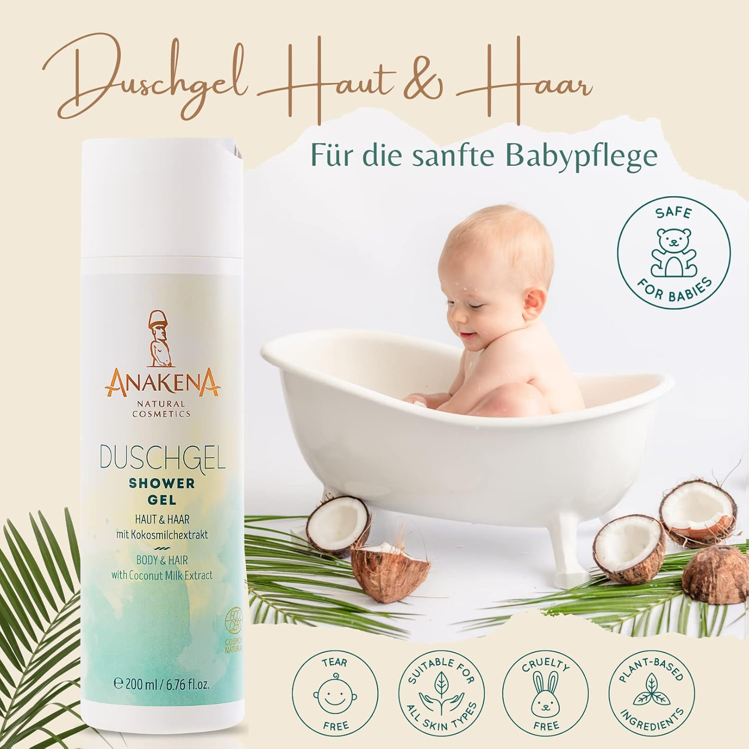 ANAKENA Natural Cosmetics - Natural Cosmetics - Shower Gel for Skin and Hair, Tropical Fragrance, with Coconut Milk Extract, Vegan, No Microplastics, 200 Ml, Women and Men image number 3