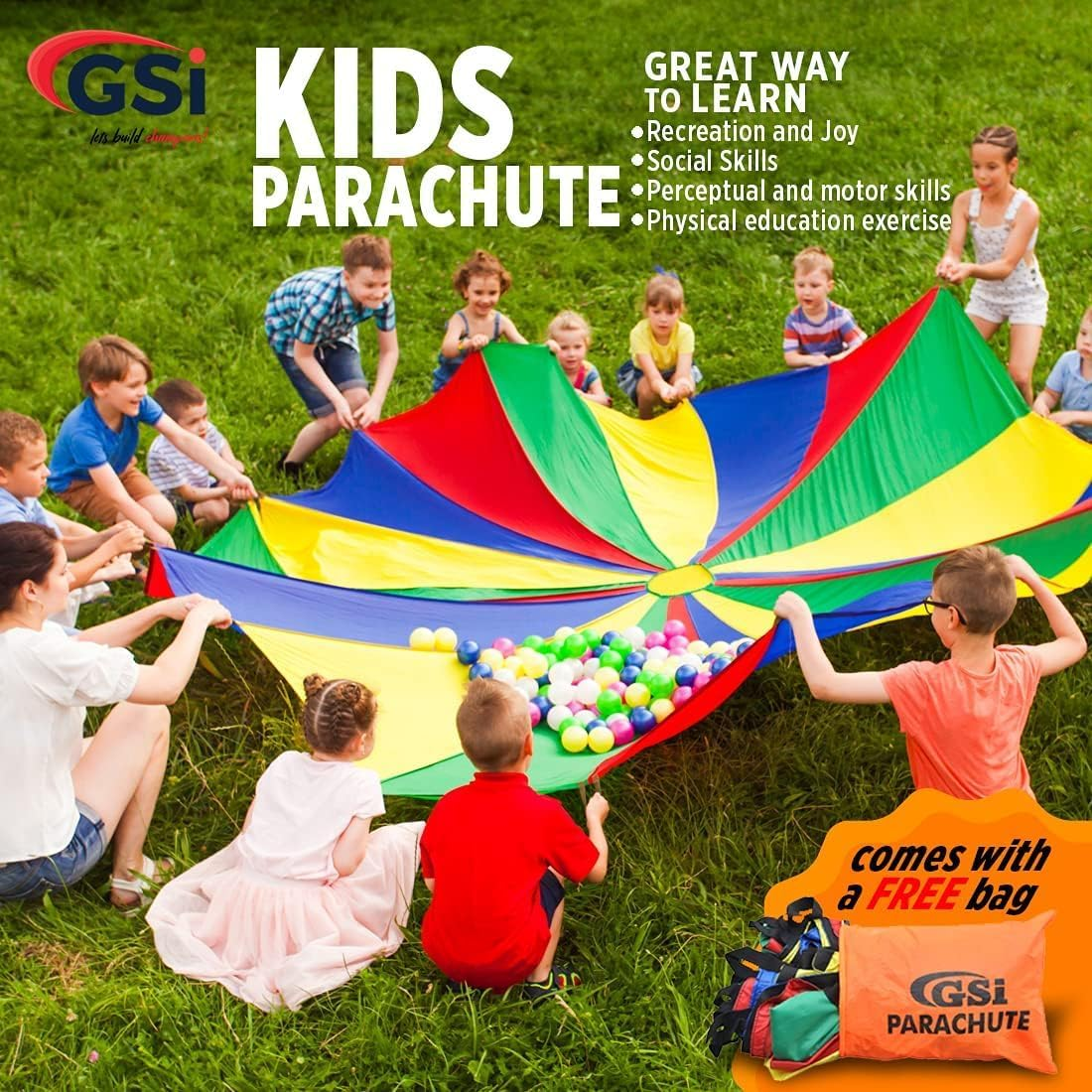 GSI Kids Play Parachute Rainbow Parachute Toy Tent Game for Children Gymnastics Cooperative Play and Outdoor Playground Activities (12 Feet 12 Handles) image number 5