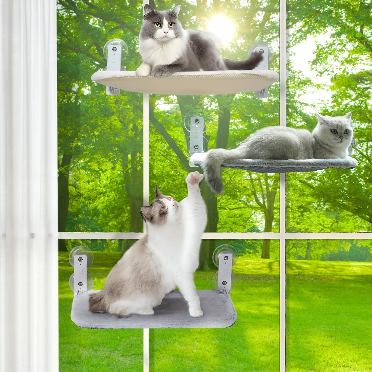 Cordless Cat Window Perch,Foldable Cat Window Hammock with 4 Suction Cups,Reversible Cover with Two Different Kinds of Fabrics,Solid Metal Frame Cat Bed for Cats Inside,Grey image number 4
