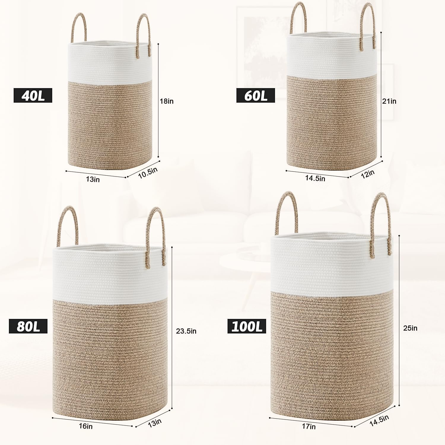 Laundry Basket, Woven Cotton Rope Laundry Hamper, 60L for Decor Storage of Dirty Clothes, Baby Toys and Blankets in Bathroom, Nursery, Baby Room, Bedroom and Living Room image number 4