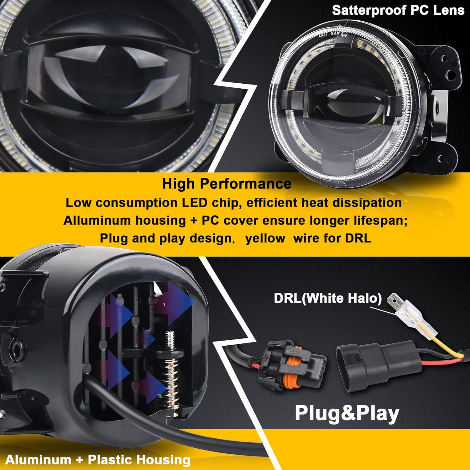 OVOTOR 4Inch LED Fog Lights 20W Fog Lamps with White Halo DRL Front Bumper Driving Fog Lights Compatible with Jeep Wrangler JK Dodge Chrysler image number 1