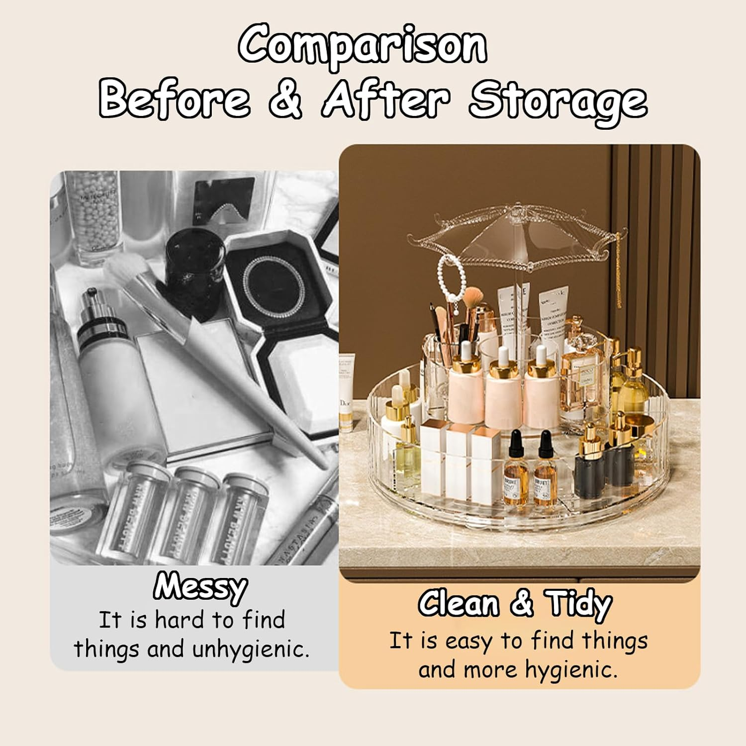 Taoluwin 360&deg; Rotating Makeup Organiser, 10-Compartment Makeup Storage Drawer Case with Detachable Base, Transparent Cosmetic Storage Case & Brush Holder for Bathroom Vanity image number 5