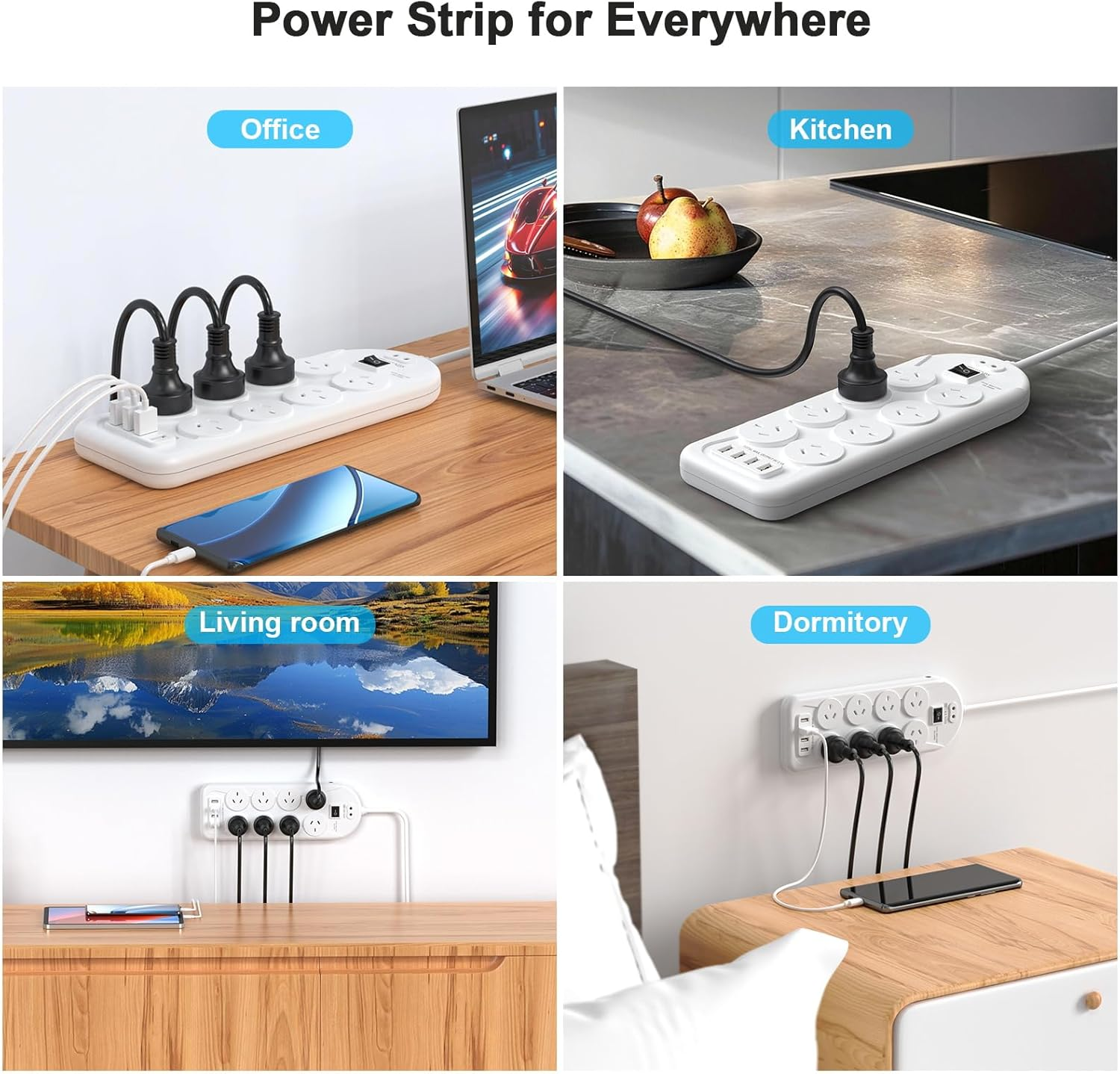 Power Board Surge Protected, Power Strip with 8 AC Outlets and 4 USB Charging Ports, USB Power Board with 1.5M Extension Cord, Wall Mount for Home Office - Black image number 4