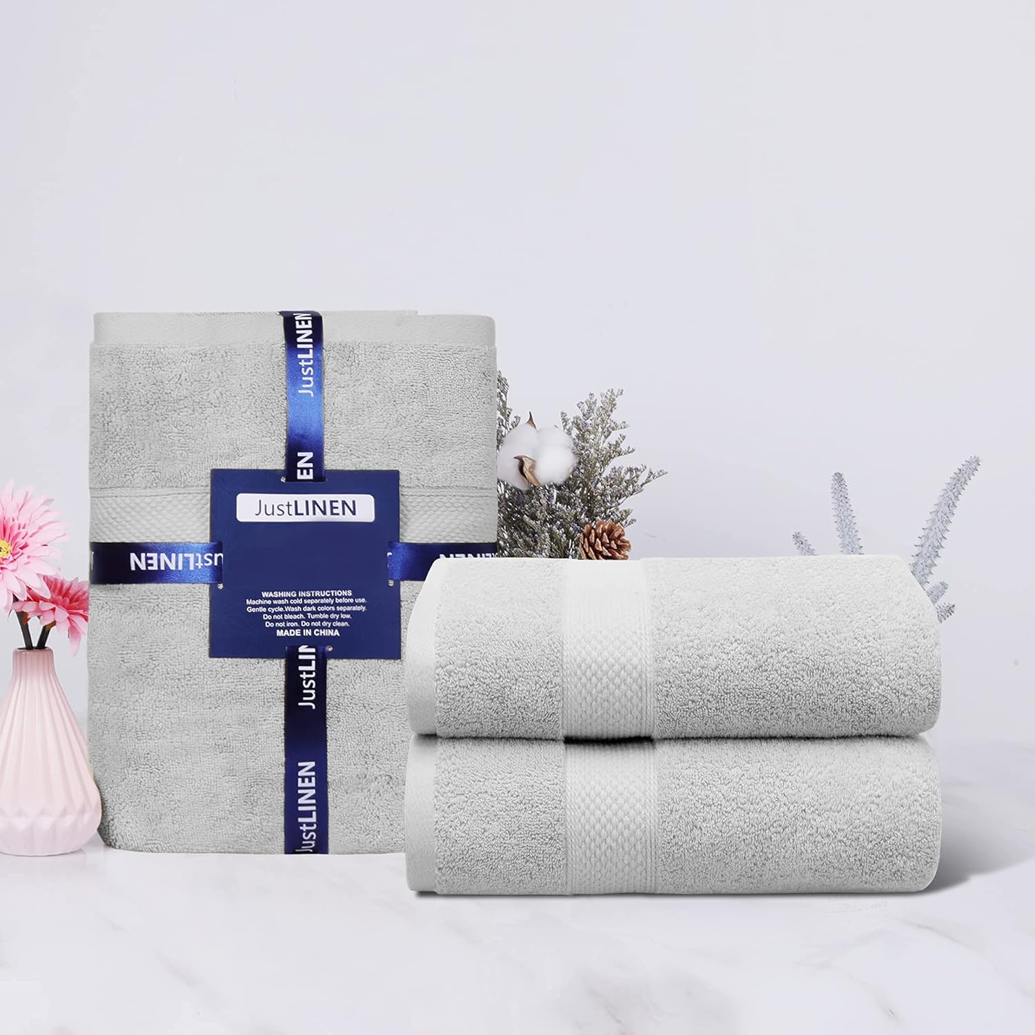Justlinen Bath Sheet - 2 Piece Luxurious Jumbo Bath Sheet (90X180Cm) 100% Combed Cotton 650 GSM Super Soft Fluffy Plush Highly Absorbent Extra Large Bath Towel Hotel & Spa Bathroom Towels-Silver image number 7