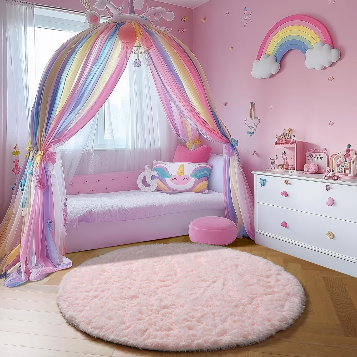 Pink round Rug for Girls Bedroom,Fluffy Circle Rug 4'X4' for Kids Room,Furry Carpet for Teen Girls Room,Shaggy Circular Rug for Nursery Room,Fuzzy Plush Rug for Dorm,Cute Room Decor for Baby image number 4