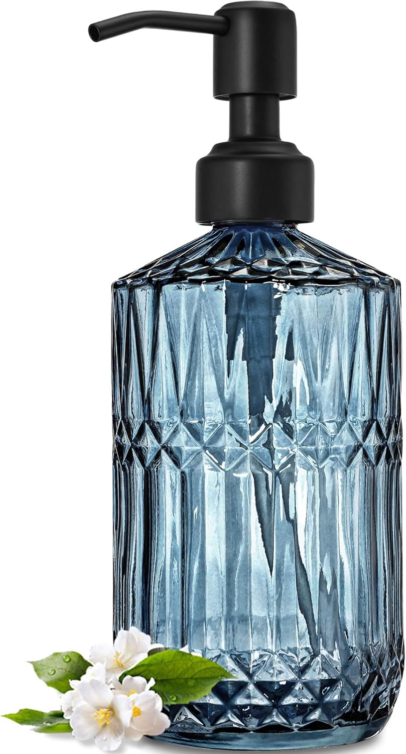 JASAI 18Oz Blue Soap Dispenser with Black Rust Proof Pump, Refillable Bathroom Soap Dispenser with Thick Glass, Kitchen Soap Dispenser for Hand Soap & Dish Soap.(Blue)