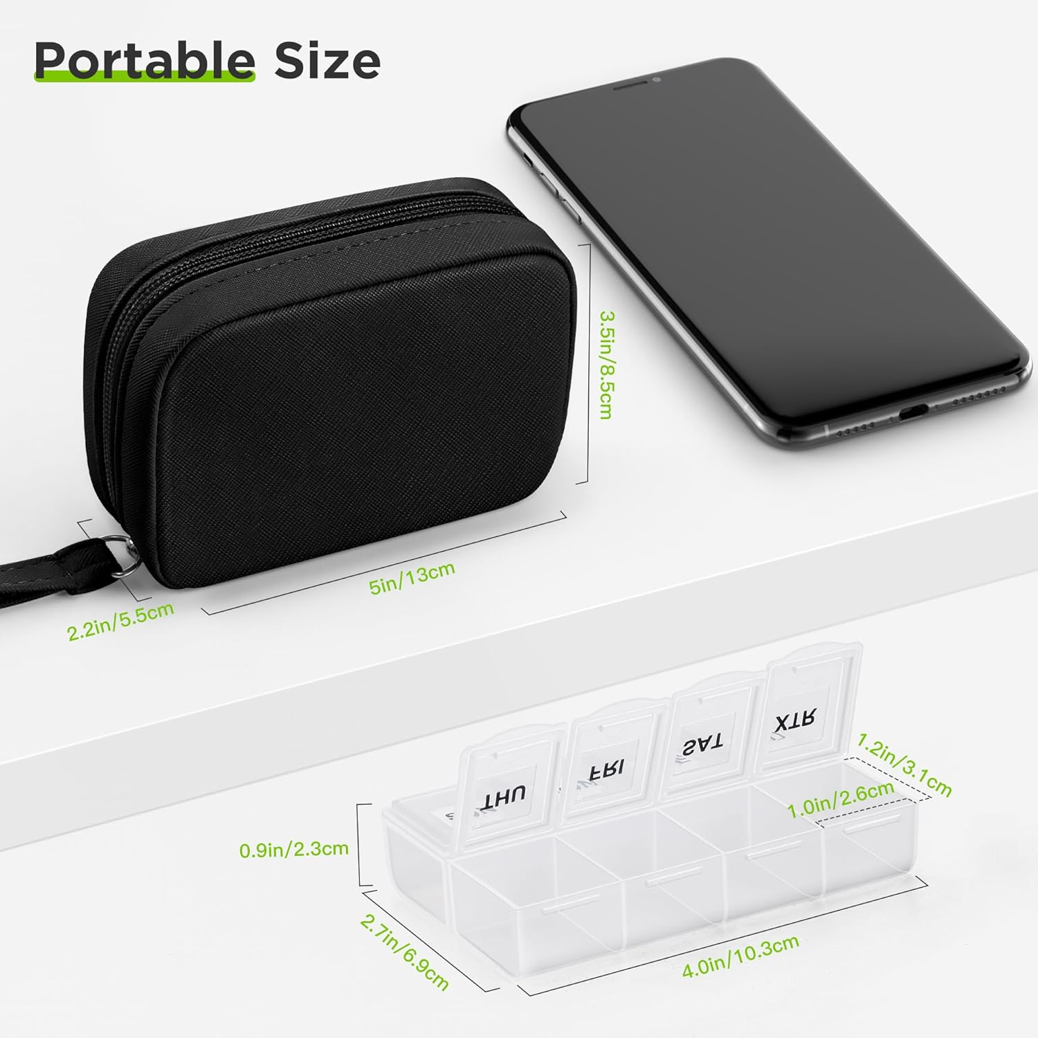 Zannaki Cute Pill Organizer for Purse with Two Removable 7-Day Pill Box, Travel PU Leather Pill Case, Portable Weekly Pill Container with Storage Bag to Hold Vitamins, Fish Oils, Supplements (Black) image number 3