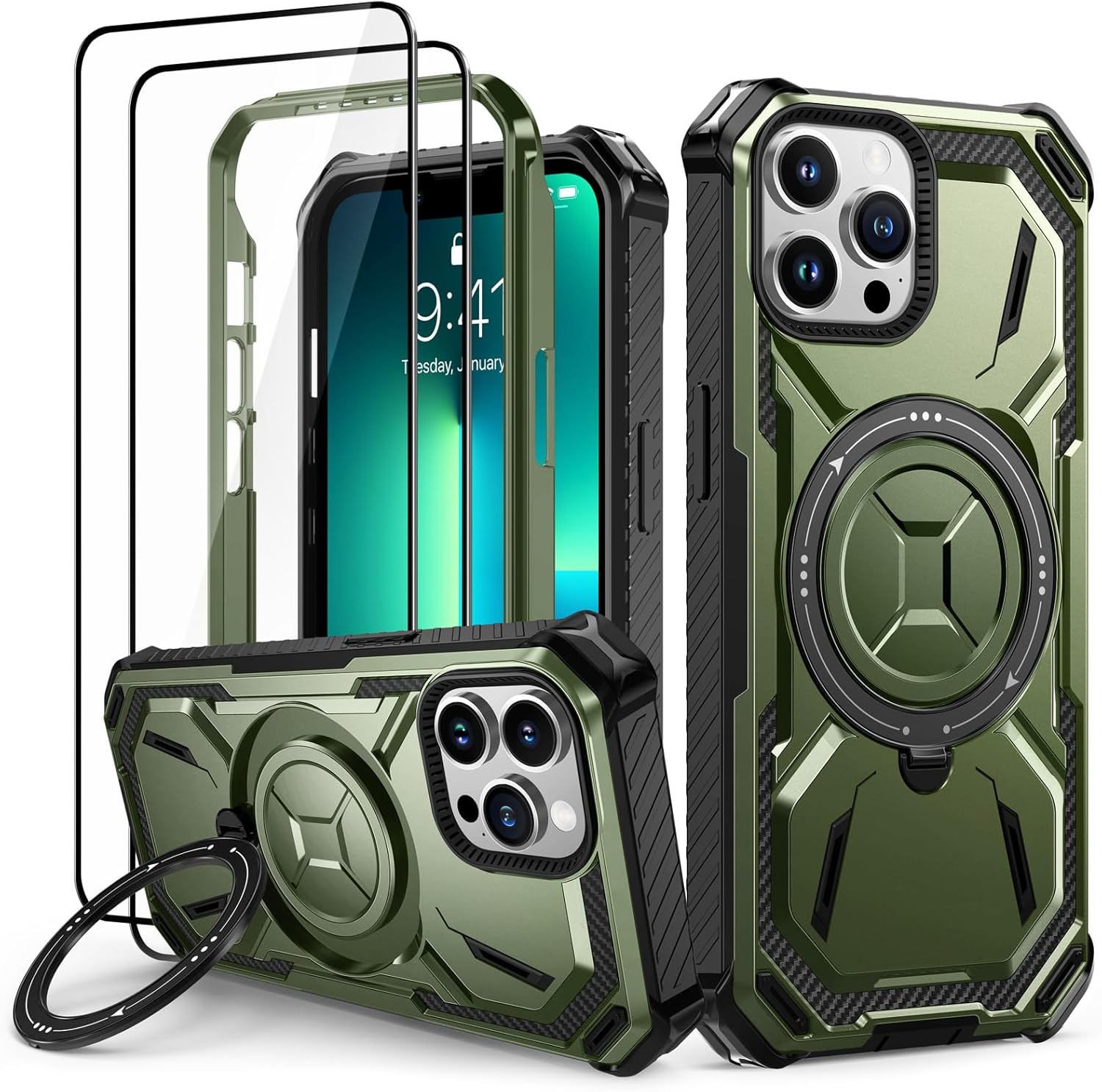 Lanhiem Mobile Phone Case for Iphone 11 Pro Case with 2 Pieces Tempered Glass and 360&deg; Ring Stand, Military Shockproof Protective Case for Iphone 11 Pro Case, Green image number 3