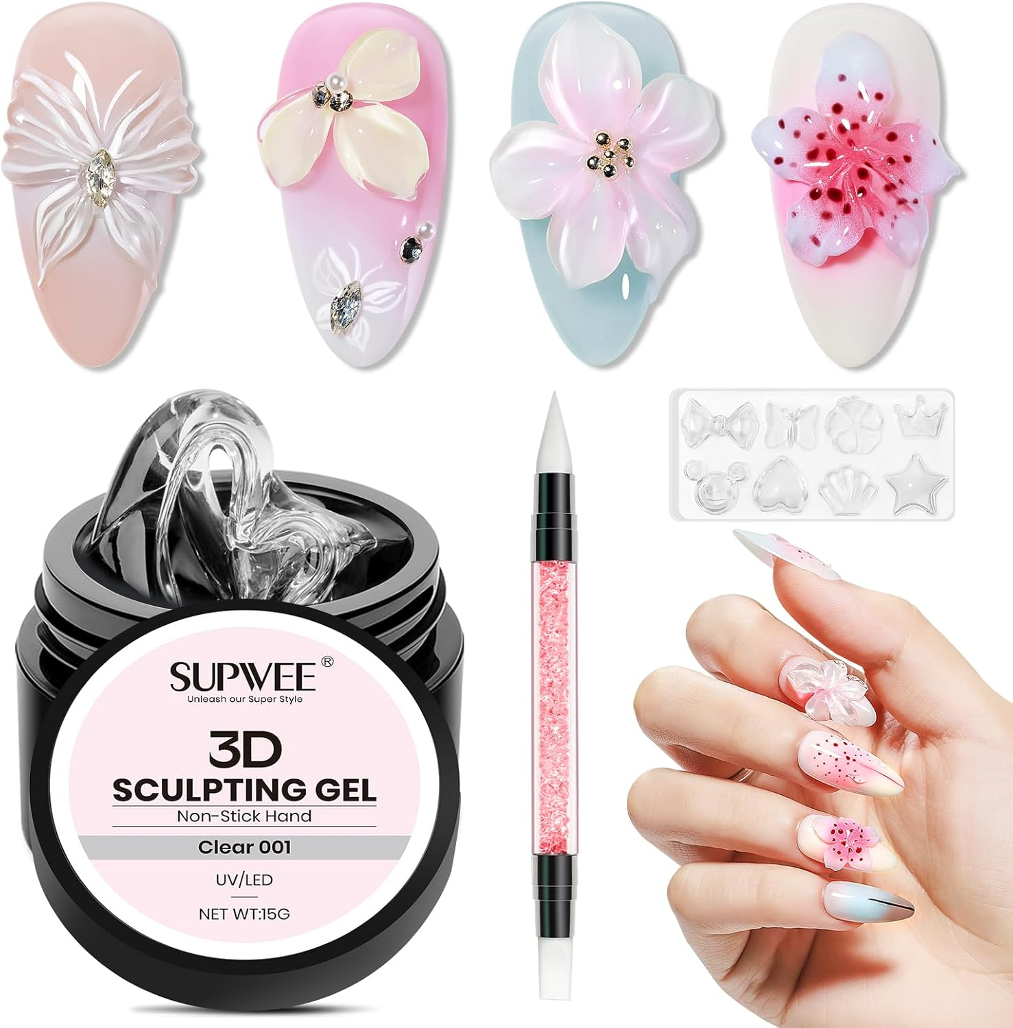 3D Nail Gel Clear Nail Sculpting Gel Non-Sticky Hand 3D Gels for Nail Art with Silicone Pen Sculpting 3D Modeling Manicures Salon Home DIY 15G