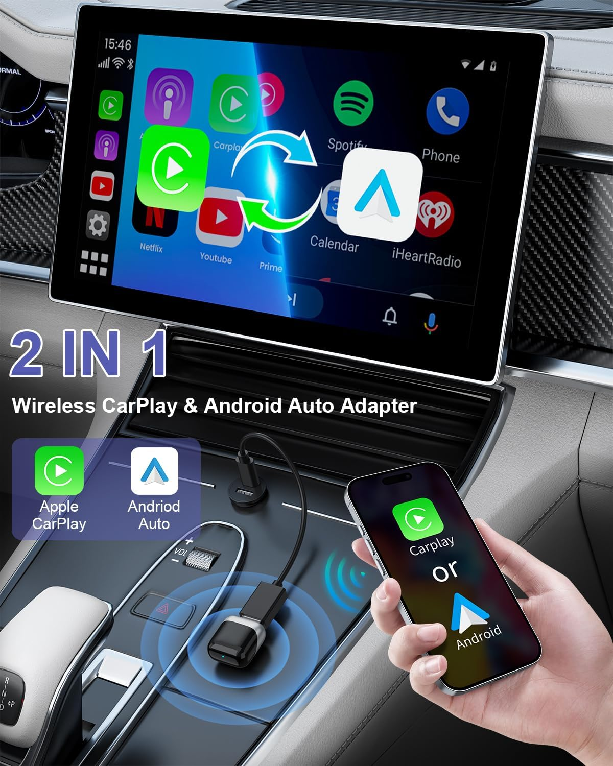 Wireless Carplay Adapter, 2 in 1 Carplay & Android Auto Adapter, Upgrade Wired Carplay to Wireless, Ultra Mini Car Play Dongle (Black) image number 3