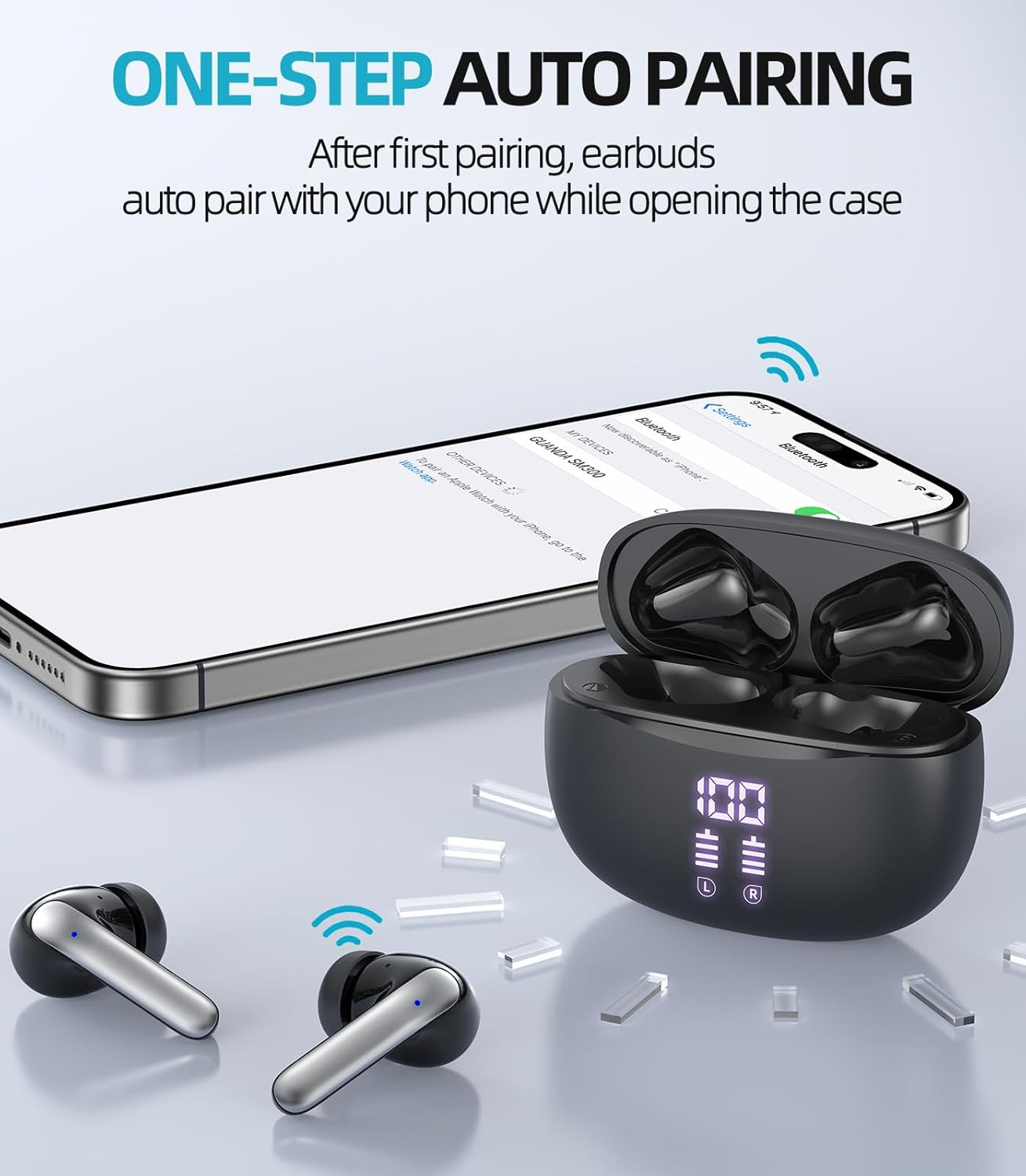 GUANDA TECHNOLOGIES CO., LTD. Wireless Bluetooth Headphones, 40H Playback Bluetooth Headphones, LED Power Screen Charging Case, IPX5 Waterproof Wireless Earphones, Dual Mic for Phone Game TV Sports