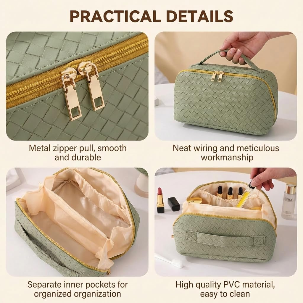 Large Capacity Makeup Bag with Handle & Dividers | Wide-Open Waterproof Travel Cosmetic Organiser for Women Toiletry Bag for Makeup Brushes & Beauty Essentials (Green) - Black image number 7