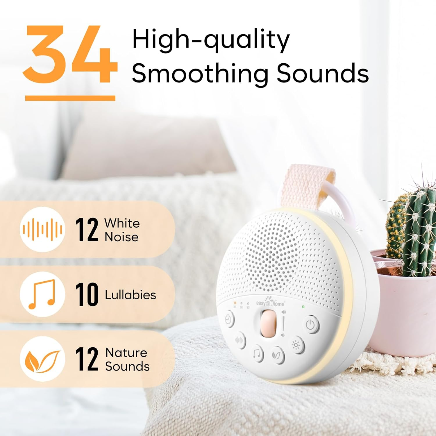 Easy@Home White Noise Machine: Portable Baby Sound Machine 34 Soothing Lullabies & Nature Sounds | 3 Timer Set | Night Light | Baby Essentials for Newborn | High Exact Roller Volume Control image number 5
