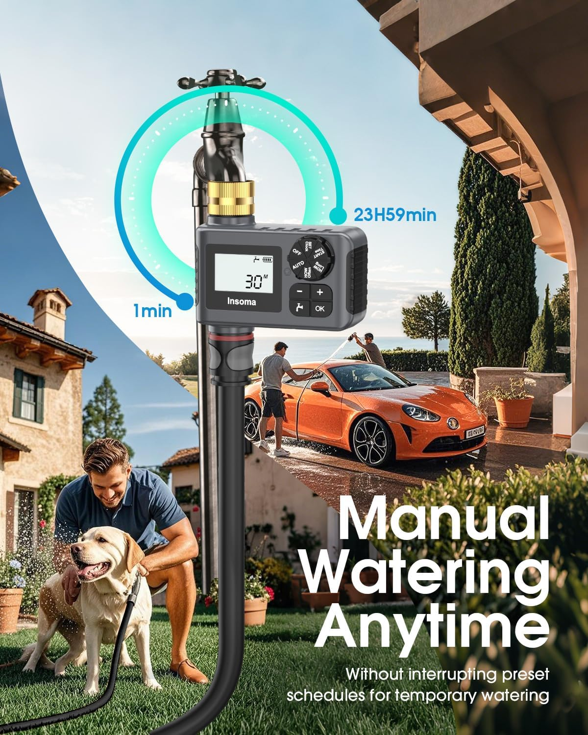 Water Timer for Outdoor Garden Hose, Hose Timer with Rain Delay/Manual Mode, Automatic Drip Irrigation Controller System for Lawn Yard Garden Watering