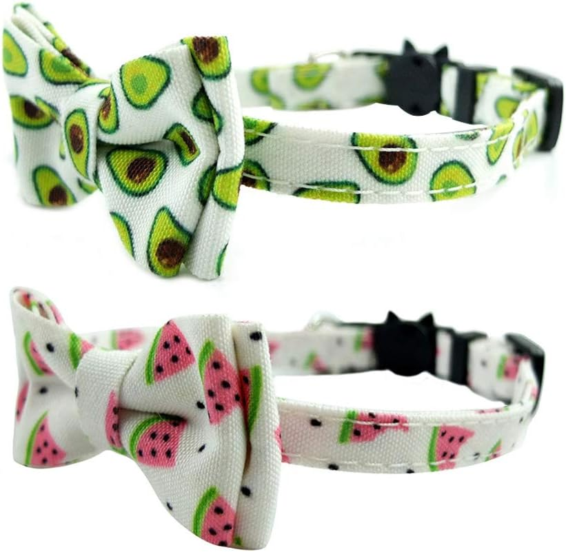 Bow Tie Kitten Collar with Bell and Accessories, Printing Breakaway Cat Collar for Kitty 10 Colors Adjustable 7.5-11In (Watermelon)