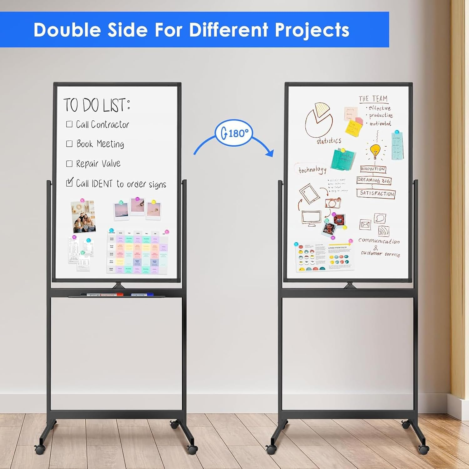 60X100Cm Magnetic Mobile White Board, Double Sided Dry Erase Board Rolling Whiteboard, Standing Whiteboard on Wheels for Home Office Classroom & Home, Black