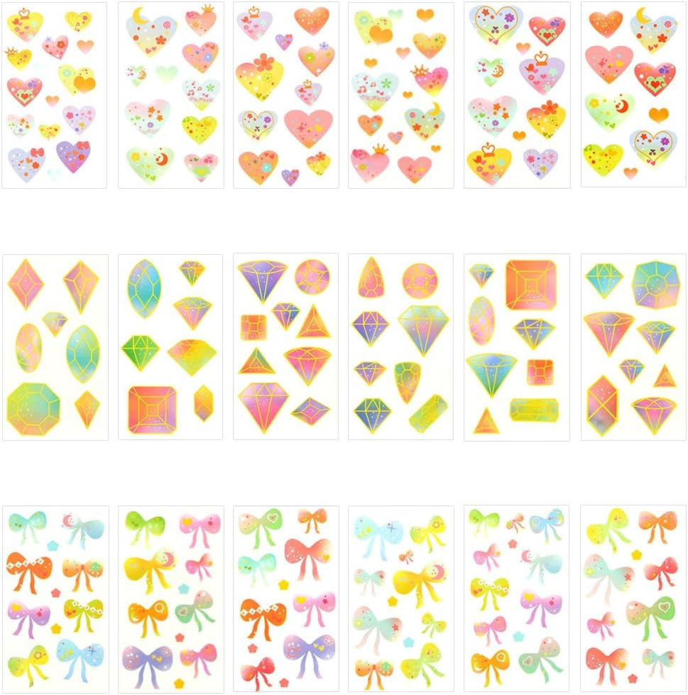 SOFPLATE 1 Box 36 Sheets 3 Styles Heart Stickers Tattoo Pastel Temporary Tattoo Bulk Pack Colourful Bow Tie Gemstone Diamond Cute Cartoon Stickers for DIY Crafts Photo Album Scrapbook Party D