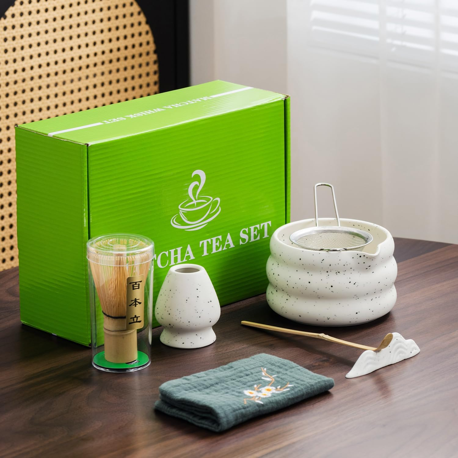 7Pcs Japanese Matcha Tea Set, Matcha Kit with Matcha Bowl (With Pouring Spout), Matcha Whisk, Whisk Holder, Strainer - Elegant Matcha Set for Gifting and Personal Use, Gift Box Packaging (White)