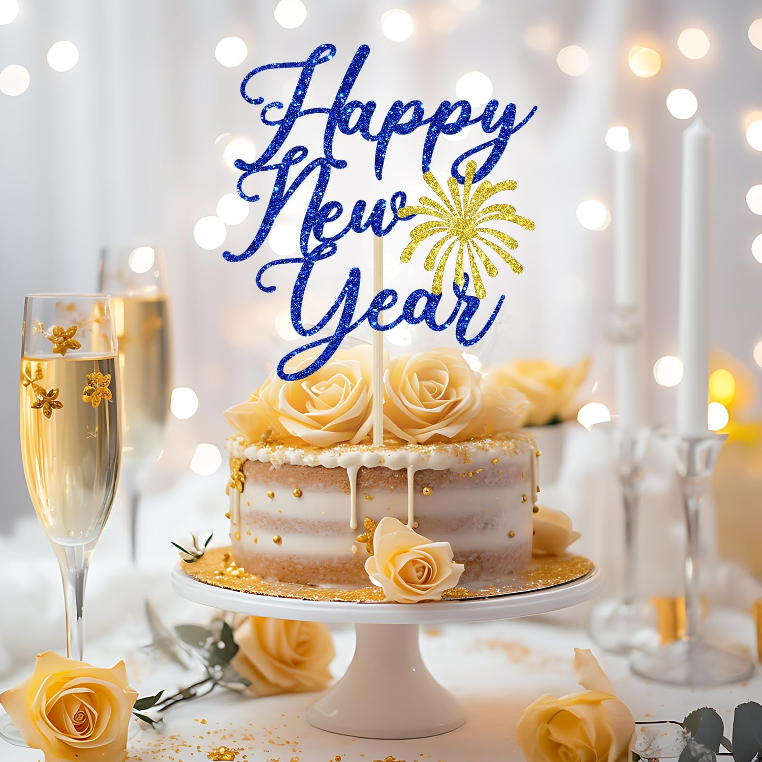 Happy New Year Cake Topper, 2025 Happy New Year Decorations, Hello 2025, Cheers 2025, New Years Eve Party Decorations Supplies, Blue Glitter image number 4
