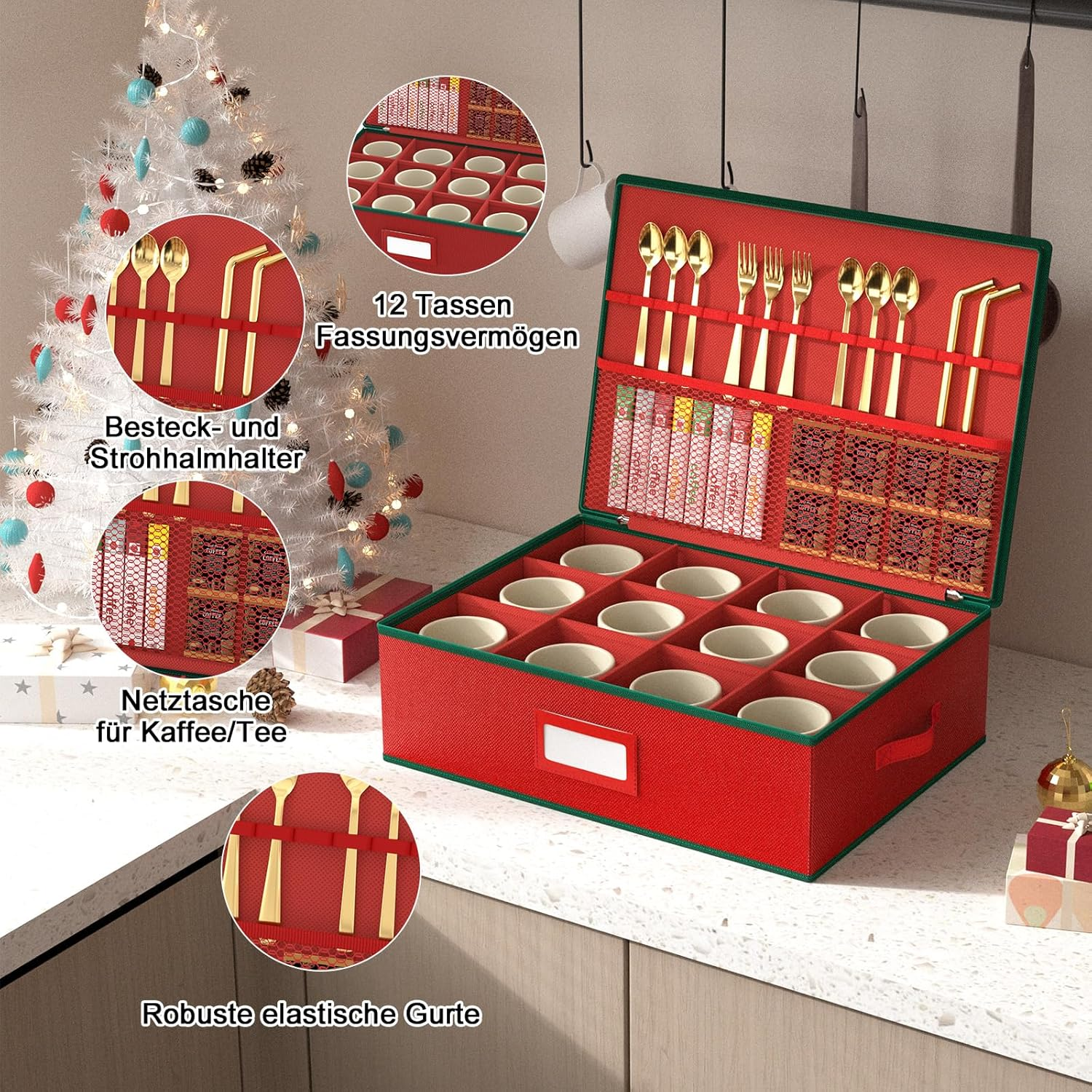 VERONLY Christmas Mug Storage Box Organiser - Stackable Hard Case Box with Dividers, Mesh Bag, Lid, Handles, for 12 Cups in Cupboard, Christmas Decoration (Red) image number 4