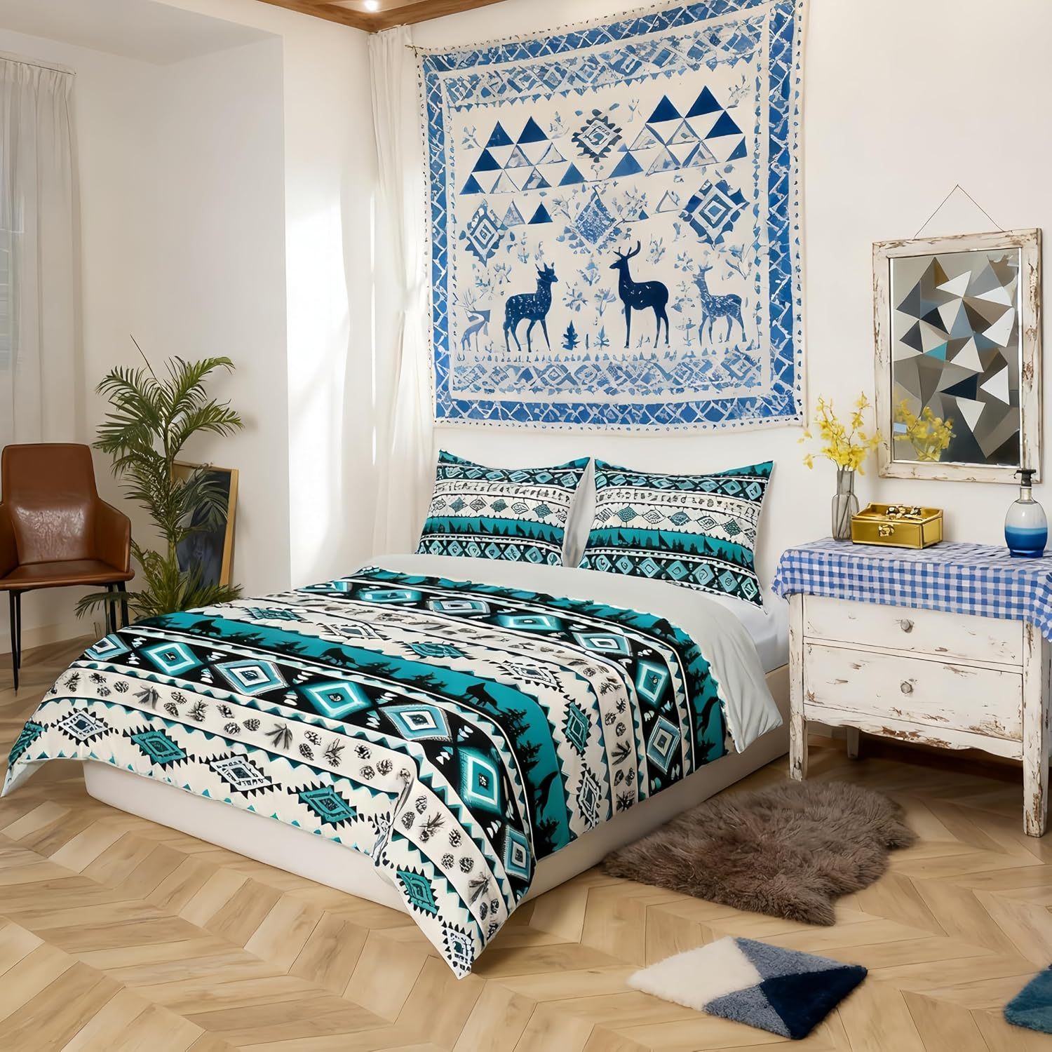 Manfei Aztec Geometric Kids Duvet Cover Set Queen Size,Southwest Tribal Ethnic Bedding Set,Wolf Rustic Cabin Girls Boys Room Decor,Beige Retro,2 Pillowcases(No Comforter) image number 4