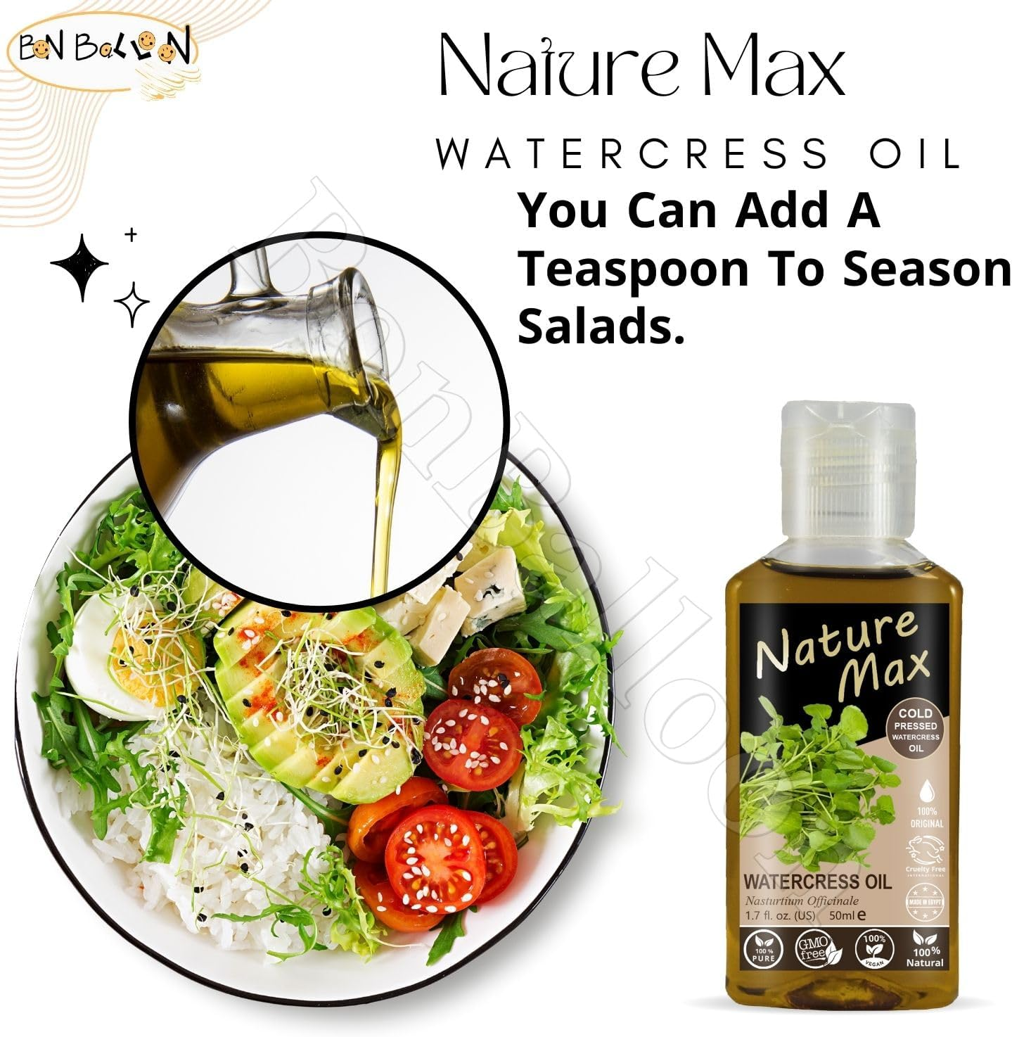 Bonballoon Fenugreek & Watercress Oil - 17.64 Oz (500 Ml) + 1.7 Oz (50 Ml) - Organic, Undiluted, Pure - Hair & Skin Care - Women (Hair & Skin Care) - Unisex image number 1