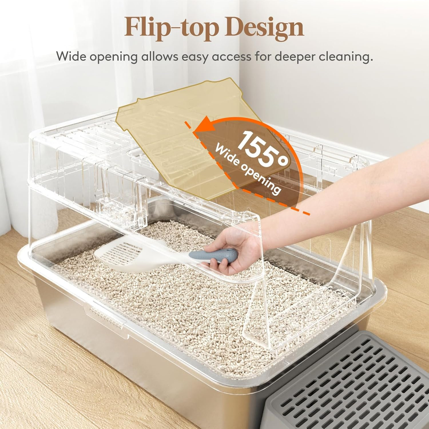 Lifewit Stainless Steel Litter Box with Plastic Lid, Extra Large Enclosed Covered Sifting Cat Litter Box, Front Entry Exit Kitty Metal Litter Box Enclosure with Scoop & Pedal, Gray image number 6