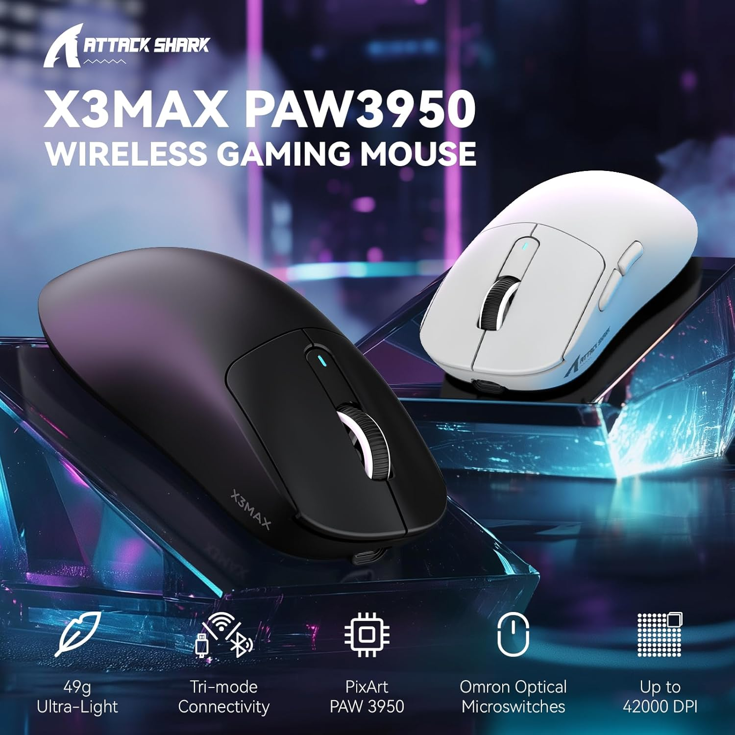 MAMBASNAKE X Attack Shark X3MAX Wireless Gaming Mouse,Pixart PAW3950 42000 Dpi,49G Ultralight Tri-Mode(Bt5.4/2.4Ghz/Wired), 1K Polling Rate Programmable Computer Mice for Pc/Mac/Win - Black - Black image number 3