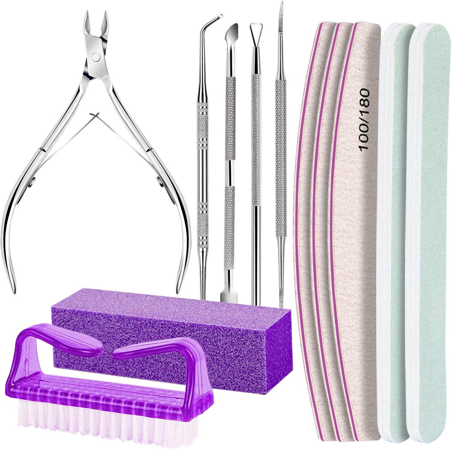 FANDAMEI Nail Care Tool Kit, Nail Files 100/180, Buffer Block, Cuticle Nippers, Cuticle Pusher, Cuticle Peeler, Nail Lifter for Ingrown Toenails, Toenail File, Nail Brush, for Manicure and Pedicure