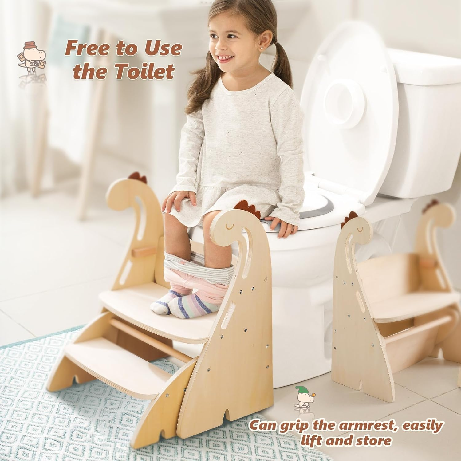 Promise Babe Toddler Step Stool, Adjustable 3 Step Stool for Kids, Toilet Potty Training Stool with Handles, Child Kitchen Counter Stool Helper Cute Wooden Ladder with Non-Slip Mat - Elephant image number 5