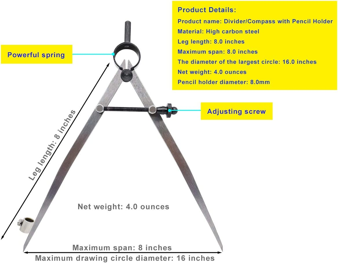 ZLKSKER 8" Precision Spring Wing Divider/Scriber with Pencil Holder, Steel Pencil Compass, Flat Leg Divider image number 4