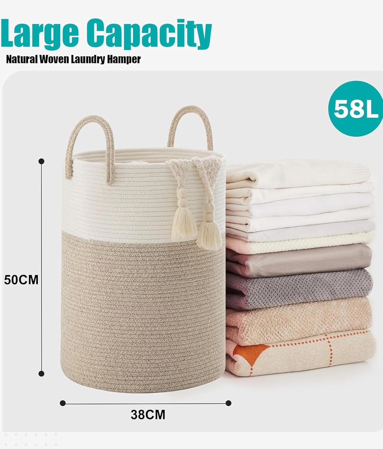 Large Laundry Hamper, Tall Woven Laundry Basket for Blanketfor Toys, Dirty Clothes in Living Rooms, Bathrooms, and Bedrooms; Measures 38&times;50Cm (White and Linen Colors) image number 4