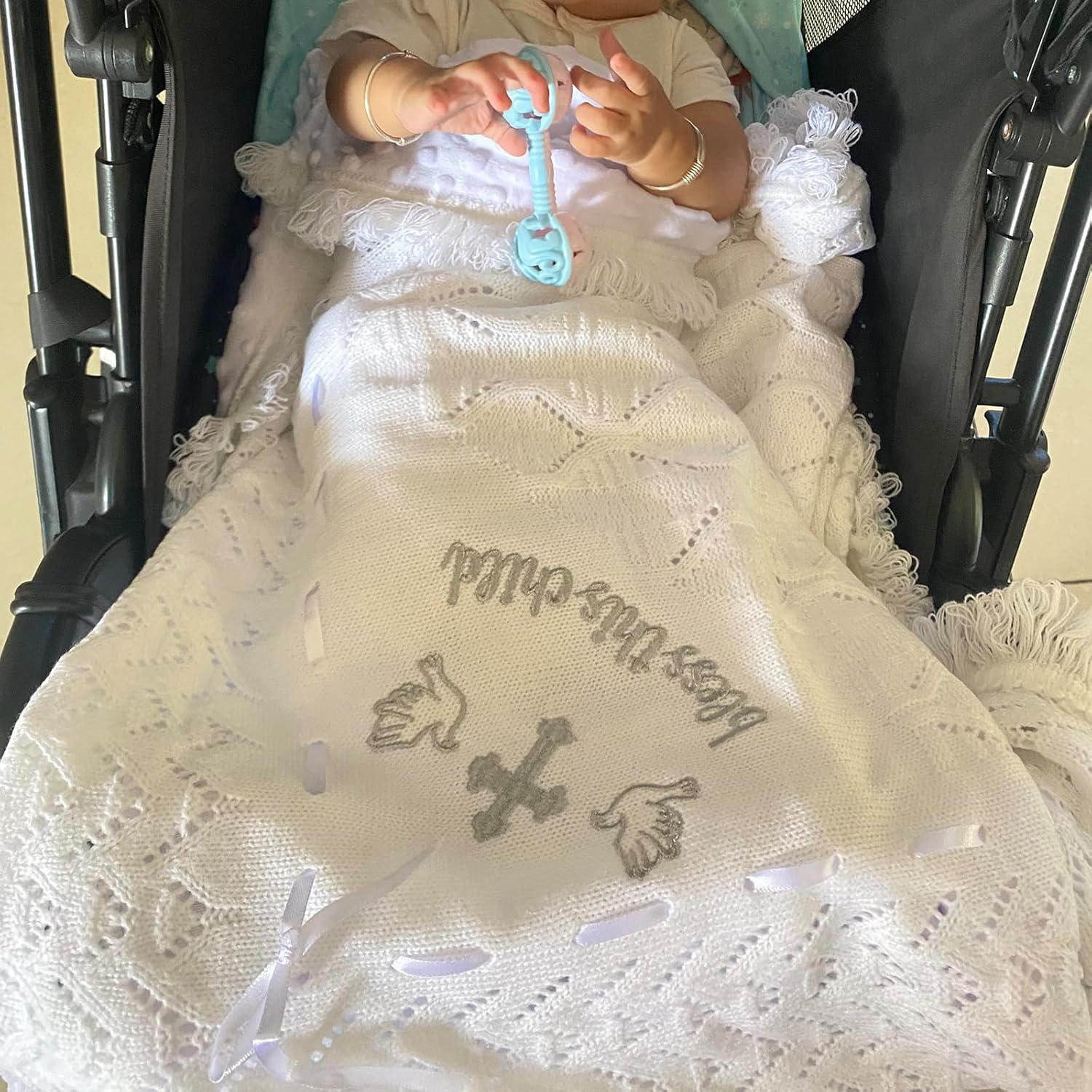 Baby Blanket for Boys Girls Baptism Christening Gifts for Girl Boys Soft White Knitted Shawl Receiving Crochet Bless This Child Blankets Towel image number 3