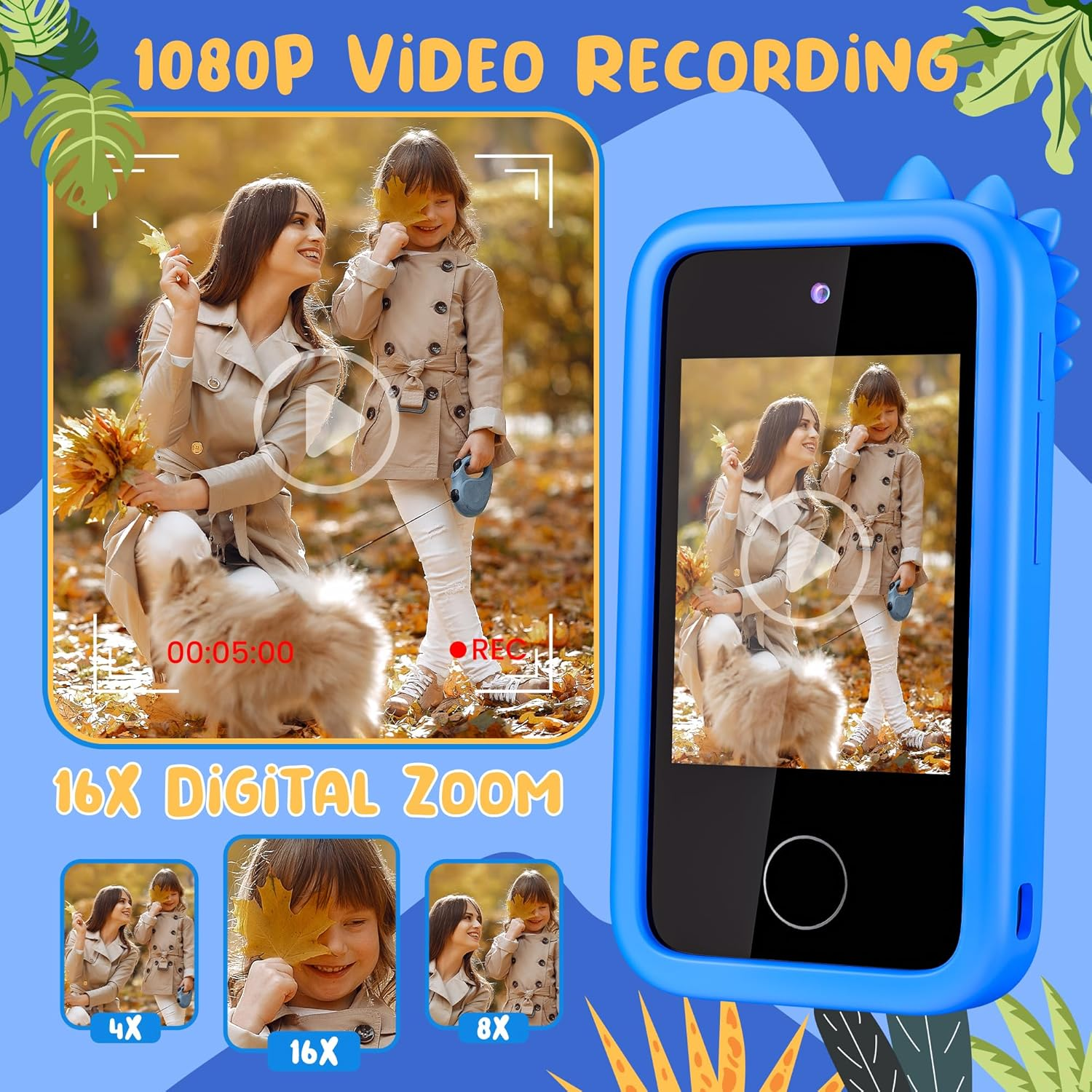 Kids Phone with Camera for Boys with Touchscreen, 32G Card Christmas Birthday Gifts for Age 3-8 Kids Dual Camera, Music Player (Blue Dinosaur) image number 3
