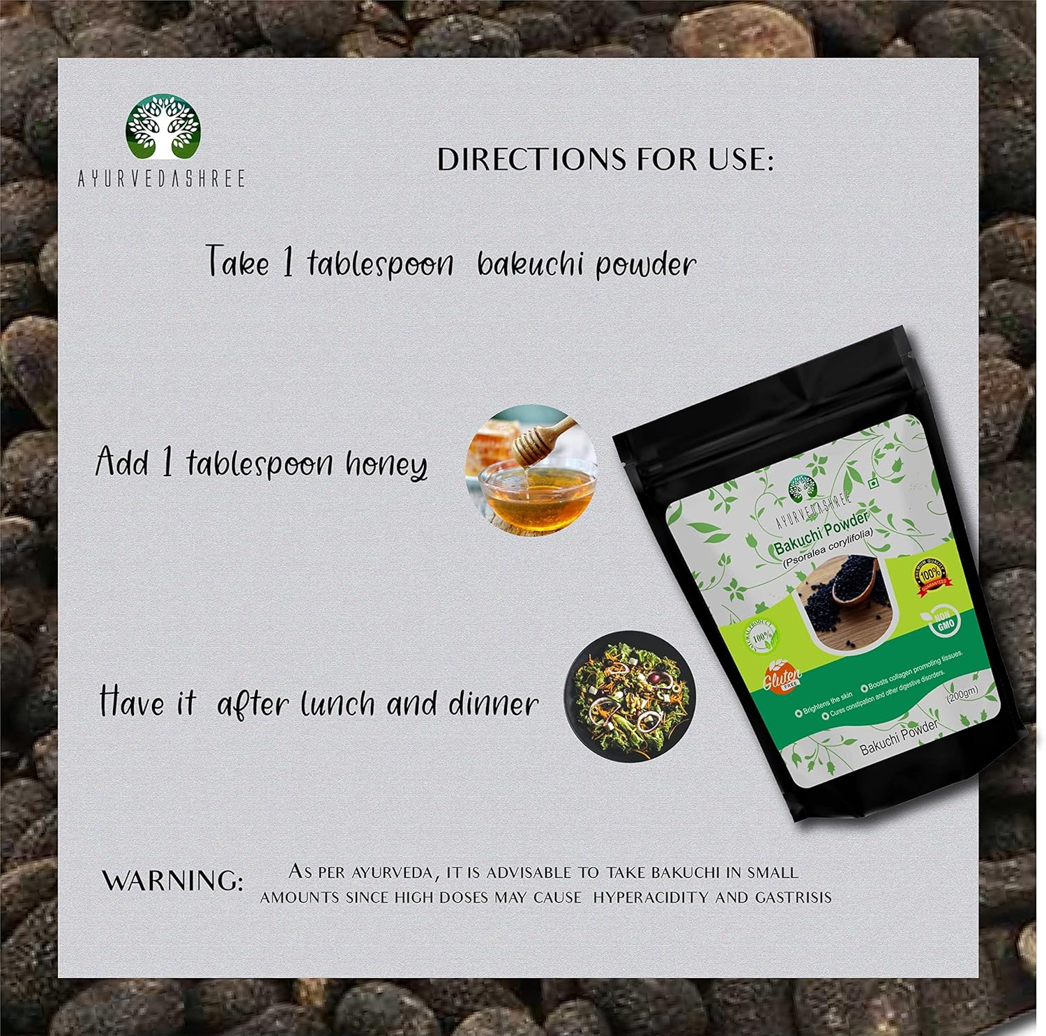 AYURVEDASHREE Bakuchi Powder 200 Gm Psoralea Corylifolia Seeds Powder Babchi Purple Fleabane Skin Care Promotes Even Skin Tone Reduces White Spots Strengthens Bones image number 1