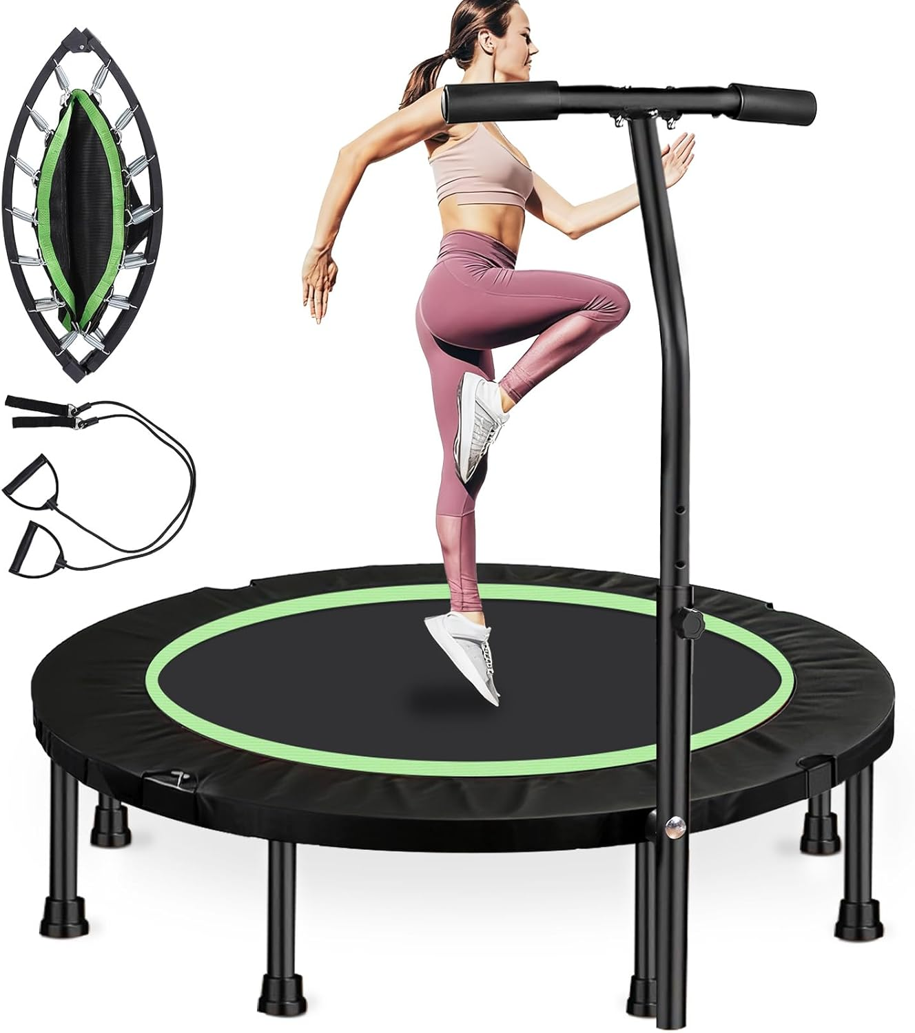 48" Rebounder Mini Trampoline Max Load 350Kg, Foldable Fitness Trampoline with Adjustable Foam Handle, T Shape Trampoline Suitable for Adults and Kids