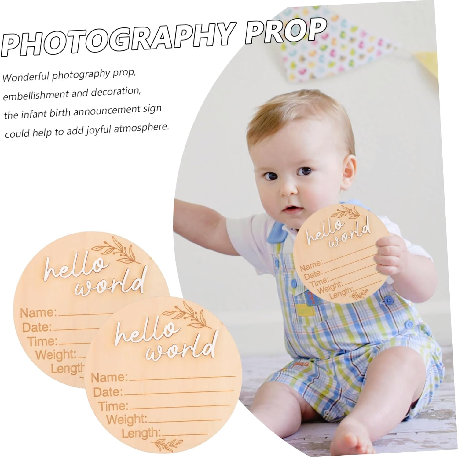 VANZACK Wooden Birth Announcement Sign for Newborn 2Pcs round Milestone Cards Design for Baby Photos Engraved Wooden Name Signs image number 4