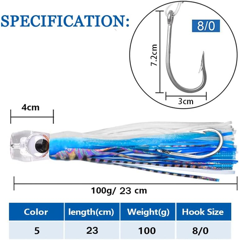 Saltwater Trolling Lures Set of 5Pcs 9 Inch/23Cm Fishing Trolling Skirt Lures with Rigged Hooks for Catching Mahi, Tuna, Wahoo and Big Game Fishes image number 1