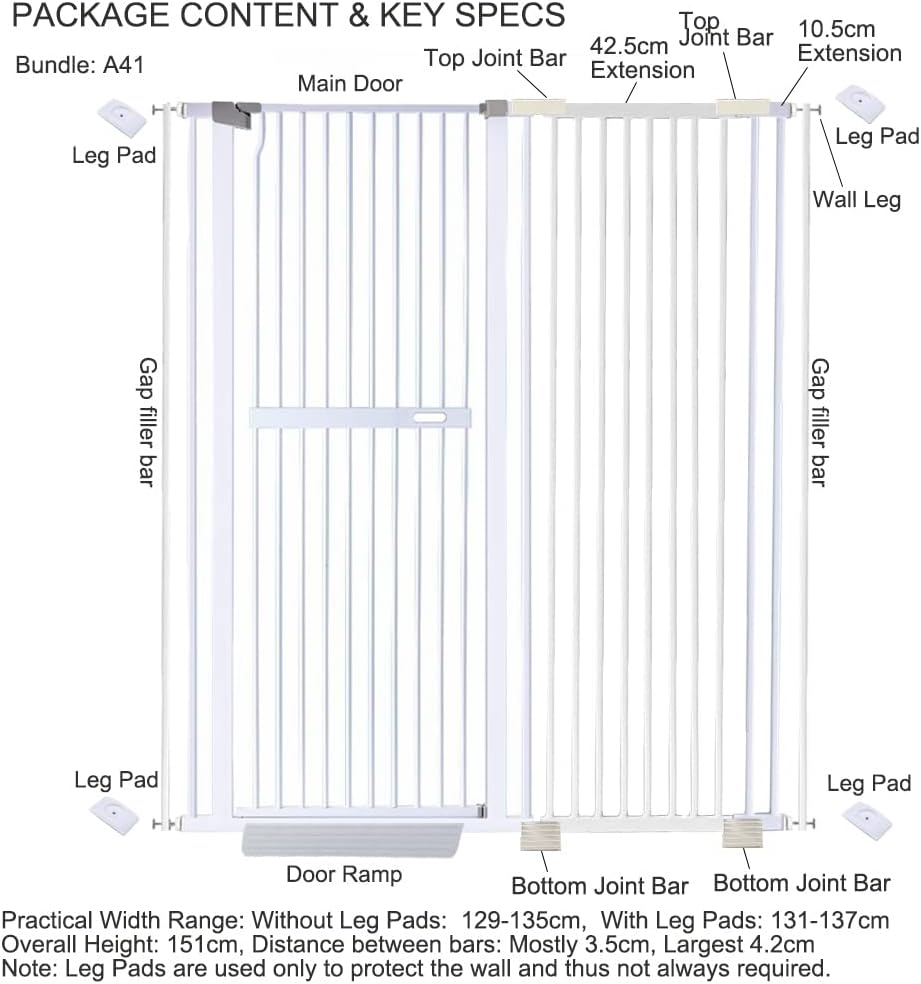 Riin Extra Tall 150Cm Pet Security Gate Metal Safety Guard Tension Pressure Mounted for Dog Cat Kitten Adjustable Width Range 129-135Cm Largest Gap between Bars 42Mm Model A41 image number 1