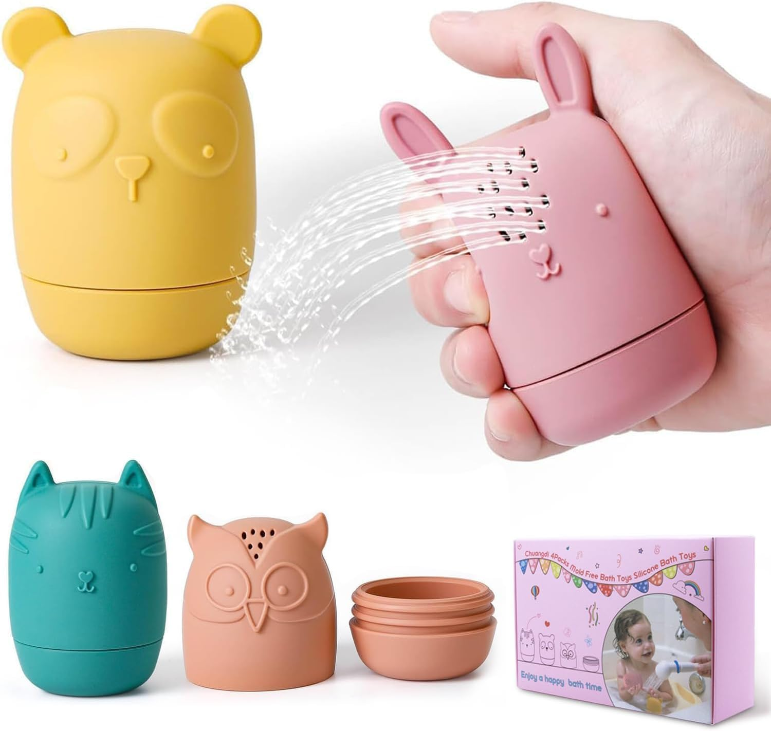 Chuangdi 4Packs Mold Free Baby Bath Toys ,Silicone Bath Toys for Toddlers 1-3 ,Non-Toxic Dishwasher Safe Bathtub Toys for Infants image number 5